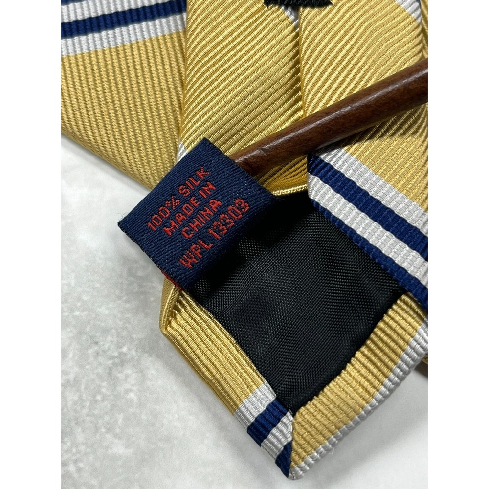 Rooster‎ Repp Silk Men's Necktie Striped Yellow Blue *Flaw Missing Brand Label - Picture 6 of 7